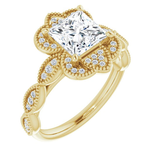 10K Yellow Gold Customizable Cathedral-style Princess/Square Cut Design with Floral Segmented Halo & Milgrain+Accents Band