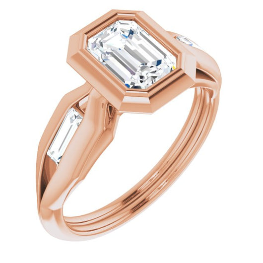 10K Rose Gold Customizable Bezel-set Emerald/Radiant Cut Design with Wide Split Band & Tension-Channel Baguette Accents