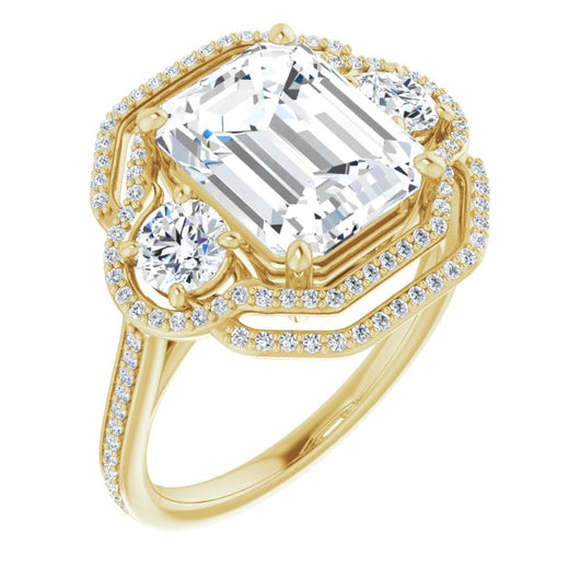 10K Yellow Gold Customizable Enhanced 3-stone Double-Halo Style with Emerald/Radiant Cut Center and Thin Band