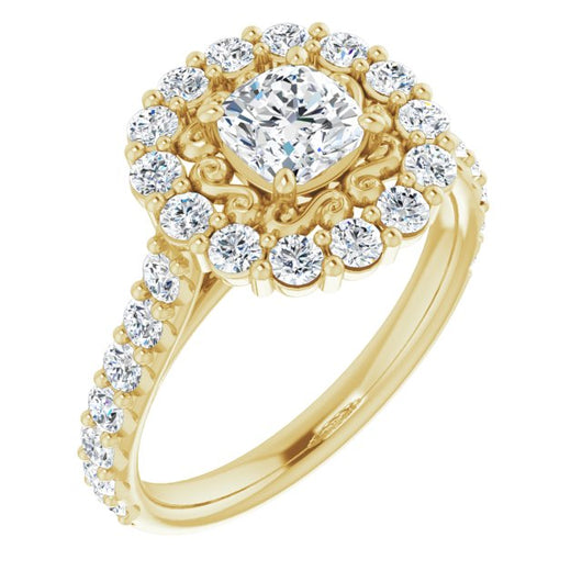 10K Yellow Gold Customizable Cushion Cut Cathedral Style with Oversized Halo