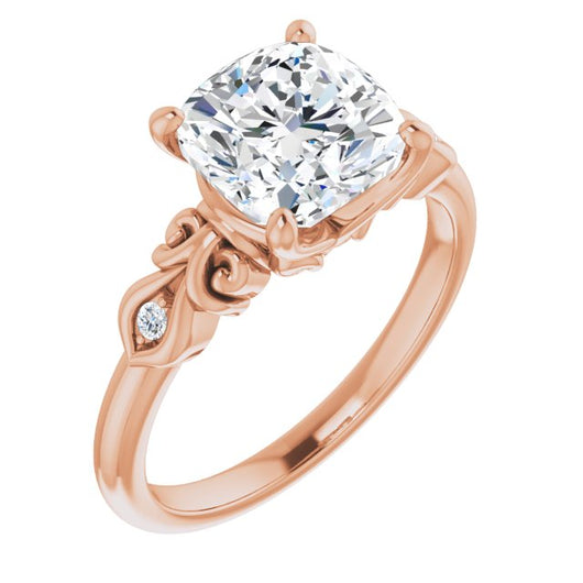 10K Rose Gold Customizable 3-stone Cushion Cut Design with Small Round Accents and Filigree