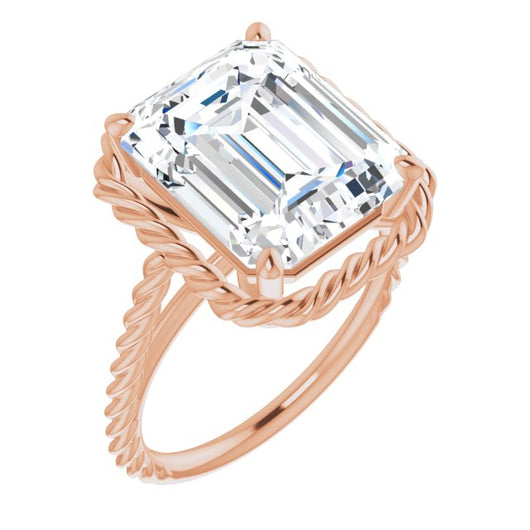 10K Rose Gold Customizable Cathedral-set Emerald/Radiant Cut Solitaire with Thin Rope-Twist Band