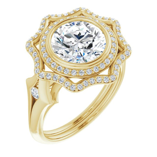 10K Yellow Gold Customizable Cathedral-bezel Round Cut Design with Floral Double Halo and Channel-Accented Split Band