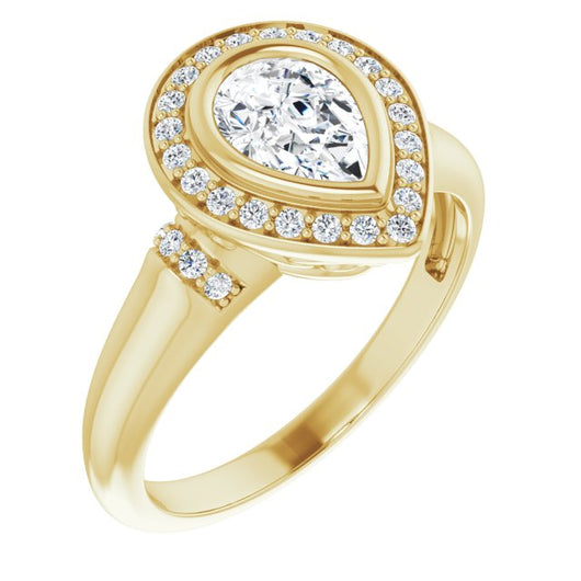 10K Yellow Gold Customizable Bezel-set Pear Cut Design with Halo and Vertical Round Channel Accents