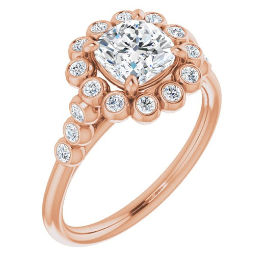 10K Rose Gold Customizable Cushion Cut Cathedral-Style Clustered Halo Design with Round Bezel Accents