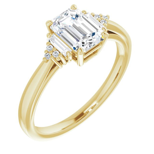 10K Yellow Gold Customizable 9-stone Design with Emerald/Radiant Cut Center, Side Baguettes and Tri-Cluster Round Accents