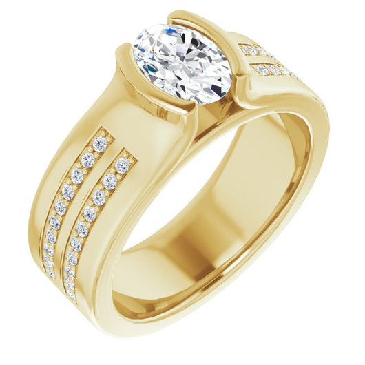 10K Yellow Gold Customizable Bezel-set Oval Cut Design with Thick Band featuring Double-Row Shared Prong Accents