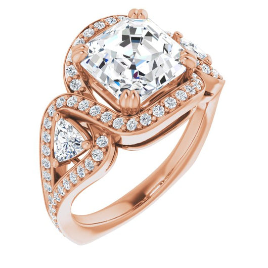 10K Rose Gold Customizable Asscher Cut Center with Twin Trillion Accents, Twisting Shared Prong Split Band, and Halo