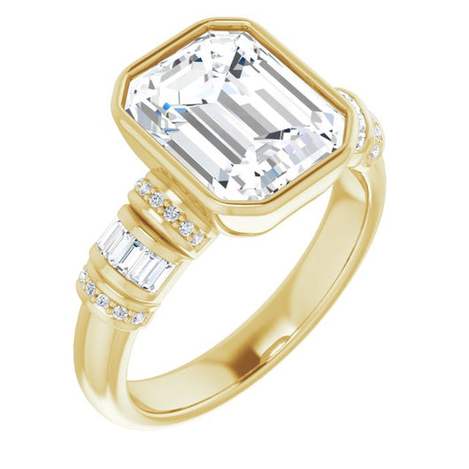 10K Yellow Gold Customizable Bezel-set Emerald/Radiant Cut Setting with Wide Sleeve-Accented Band