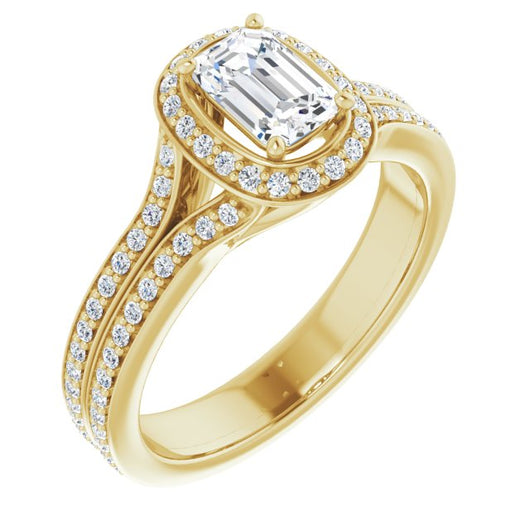 10K Yellow Gold Customizable Cathedral-raised Emerald/Radiant Cut Setting with Halo and Shared Prong Band