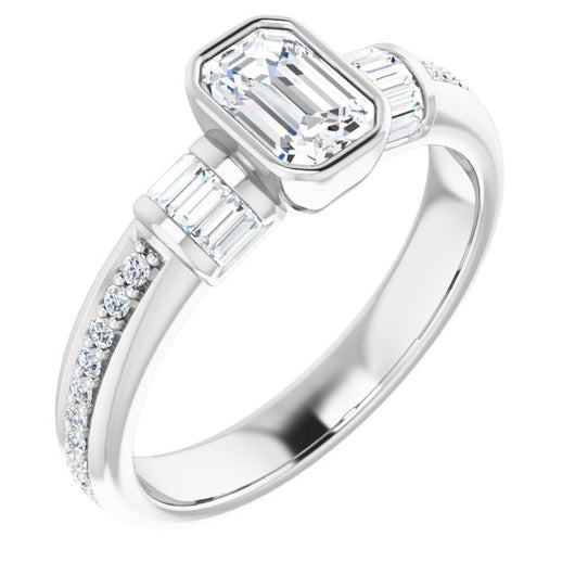 10K White Gold Customizable Cathedral-Bezel Emerald/Radiant Cut Style with Horizontal Baguettes & Shared Prong Band