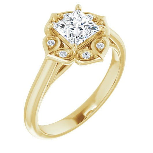 10K Yellow Gold Customizable Cathedral-raised Princess/Square Cut Design with Star Halo & Round-Bezel Peekaboo Accents