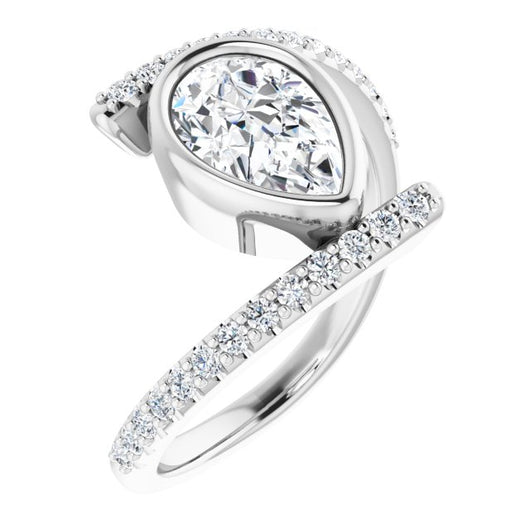 10K White Gold Customizable Bezel-set Pear Cut Design with Bypass Pavé Band