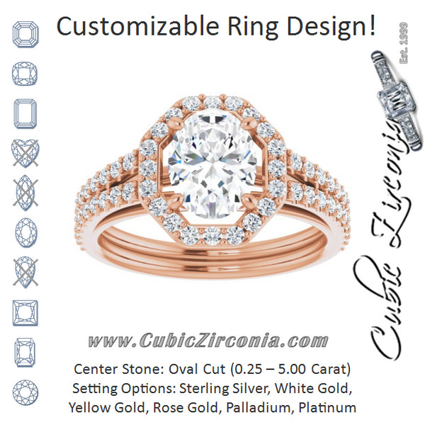 Cubic Zirconia Engagement Ring- The Danieela (Customizable Cathedral Oval Cut Design with Geometric Halo & Split Pavé Band)