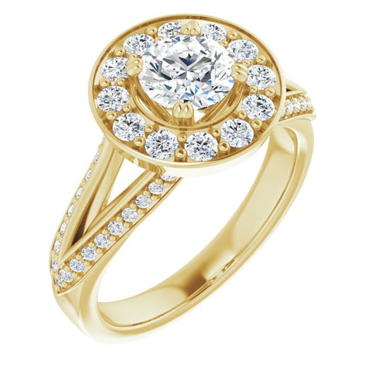 10K Yellow Gold Customizable Round Cut Center with Large-Accented Halo and Split Shared Prong Band