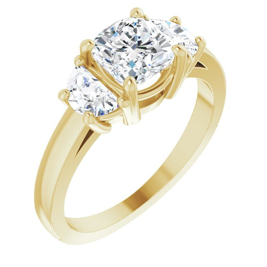 10K Yellow Gold Customizable 3-stone Design with Cushion Cut Center and Half-moon Side Stones