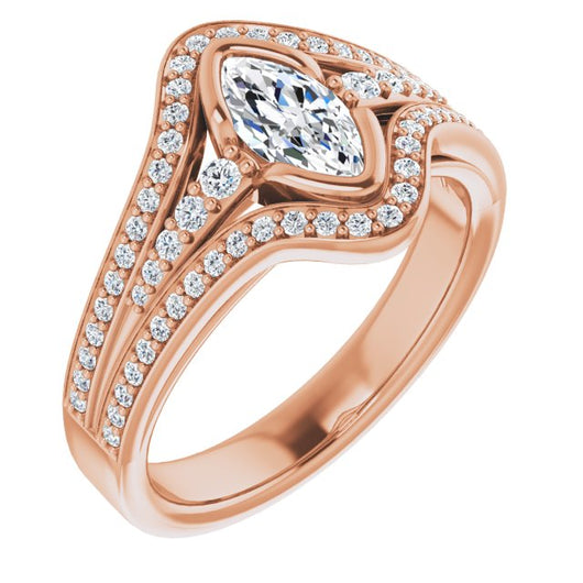 10K Rose Gold Customizable Cathedral-Bezel Marquise Cut Design with Wide Triple-Split-Pavé Band