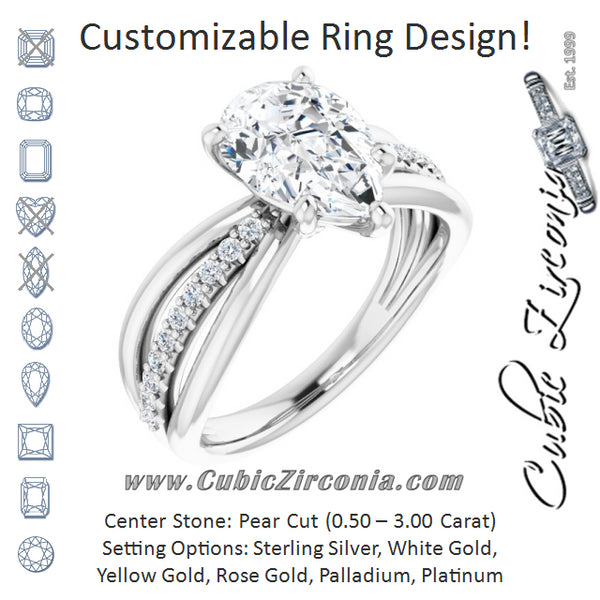 Cubic Zirconia Engagement Ring- The Rissa (Customizable Pear Cut Design with Tri-Split Accented Band)