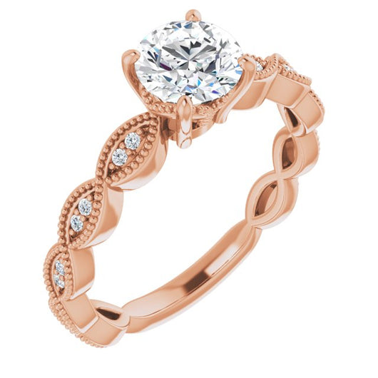 10K Rose Gold Customizable Round Cut Artisan Design with Scalloped, Round-Accented Band and Milgrain Detail