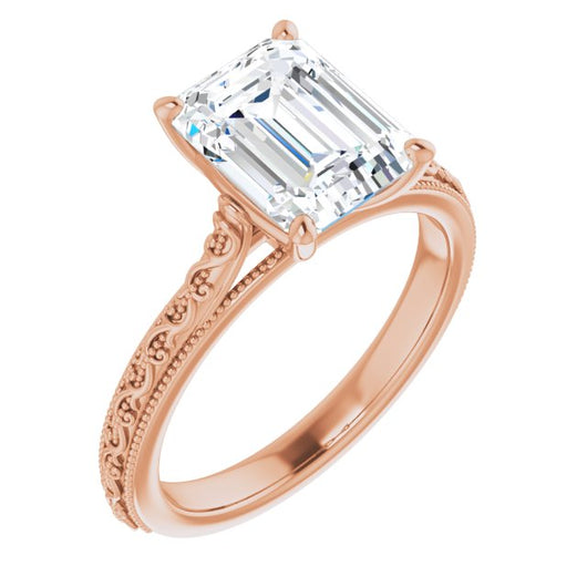 10K Rose Gold Customizable Emerald/Radiant Cut Solitaire with Delicate Milgrain Filigree Band