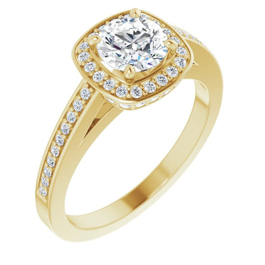 10K Yellow Gold Customizable Cathedral-set Round Cut Design with Halo, Thin Pavé Band & Round-Bezel Peekaboos