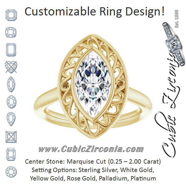 Cubic Zirconia Engagement Ring- The Addie (Customizable Cathedral-Bezel Style Marquise Cut Solitaire with Flowery Filigree)