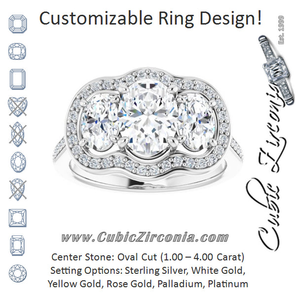 Cubic Zirconia Engagement Ring- The Dulce (Customizable Oval Cut Style with Oval Cut Accents, 3-stone Halo & Thin Shared Prong Band)