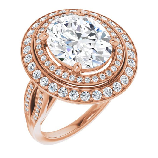 10K Rose Gold Customizable Cathedral-style Oval Cut Design with Double Halo & Split-Pavé Band