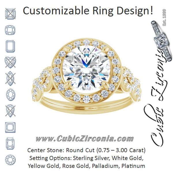 Cubic Zirconia Engagement Ring- The Jakayla (Customizable Cathedral-Halo Round Cut Design with Artisan Infinity-inspired Twisting Pavé Band)