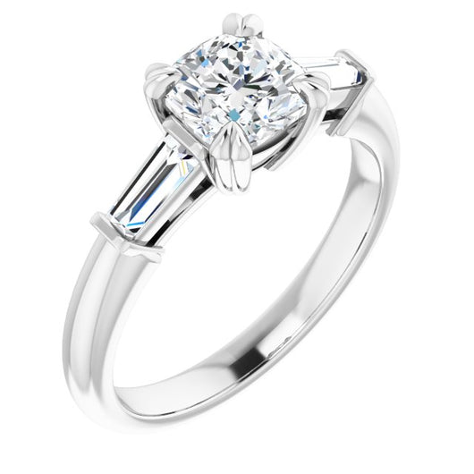 10K White Gold Customizable 3-stone Cushion Cut Design with Tapered Baguettes