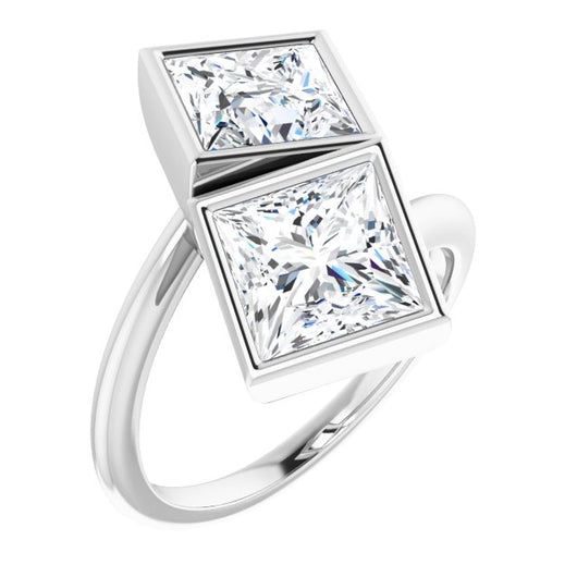 10K White Gold Customizable 2-stone Double Bezel Princess/Square Cut Design with Artisan Bypass Band