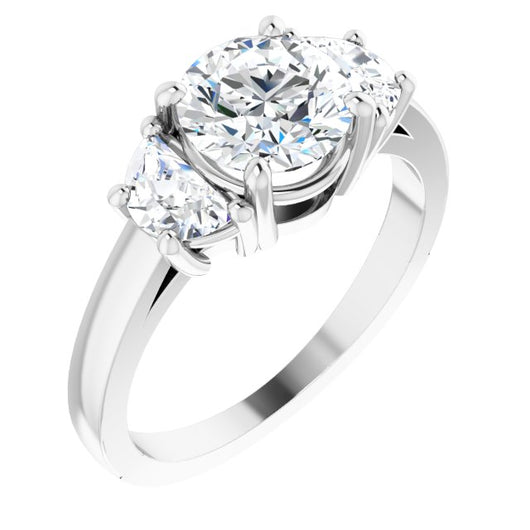 10K White Gold Customizable 3-stone Design with Round Cut Center and Half-moon Side Stones