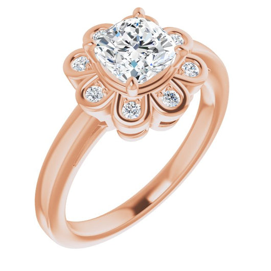 10K Rose Gold Customizable 9-stone Cushion Cut Design with Round Bezel Side Stones