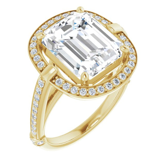 10K Yellow Gold Customizable High-Cathedral Emerald/Radiant Cut Design with Halo and Shared Prong Band