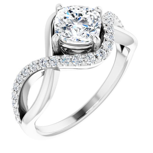 10K White Gold Customizable Cushion Cut Design with Semi-Accented Twisting Infinity Bypass Split Band and Half-Halo