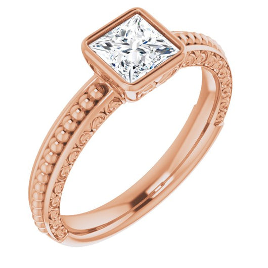 10K Rose Gold Customizable Bezel-set Princess/Square Cut Solitaire with Beaded and Carved Three-sided Band