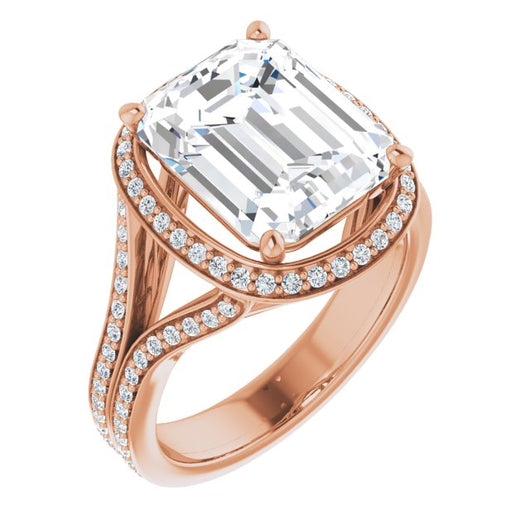 10K Rose Gold Customizable Cathedral-raised Emerald/Radiant Cut Setting with Halo and Shared Prong Band