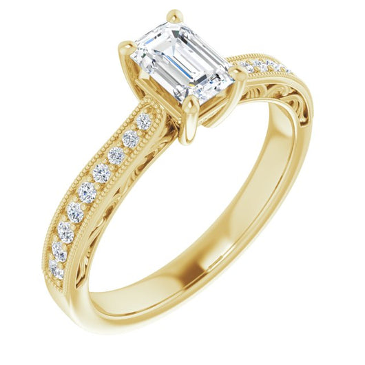 10K Yellow Gold Customizable Emerald/Radiant Cut Design with Round Band Accents and Three-sided Filigree Engraving