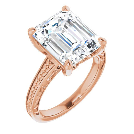 10K Rose Gold Customizable Emerald/Radiant Cut Solitaire with Organic Textured Band and Decorative Prong Basket