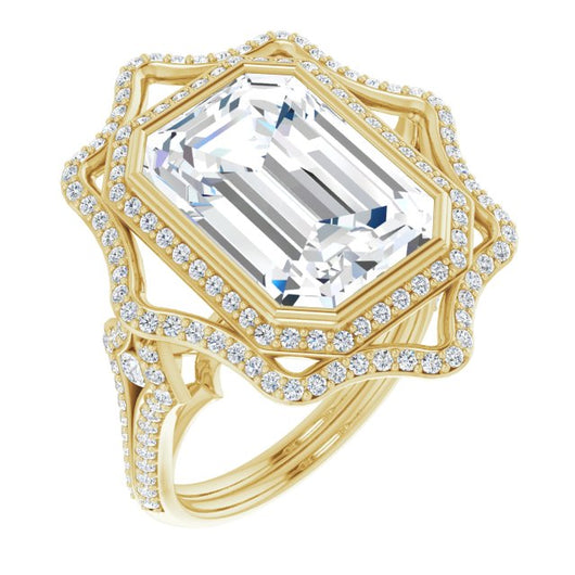 10K Yellow Gold Customizable Emerald/Radiant Cut Style with Ultra-wide Pavé Split-Band and Nature-Inspired Double Halo