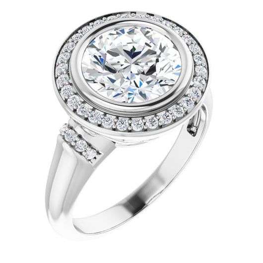 14K White Gold Customizable Bezel-set Round Cut Design with Halo and Vertical Round Channel Accents