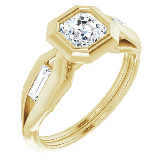 10K Yellow Gold Customizable Bezel-set Asscher Cut Design with Wide Split Band & Tension-Channel Baguette Accents