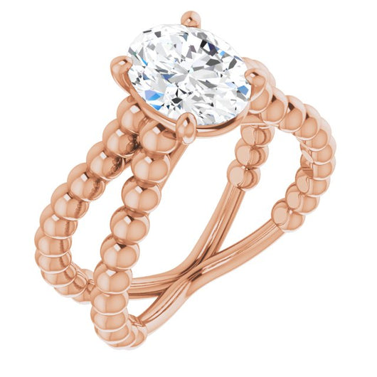 10K Rose Gold Customizable Oval Cut Solitaire with Wide Beaded Split-Band