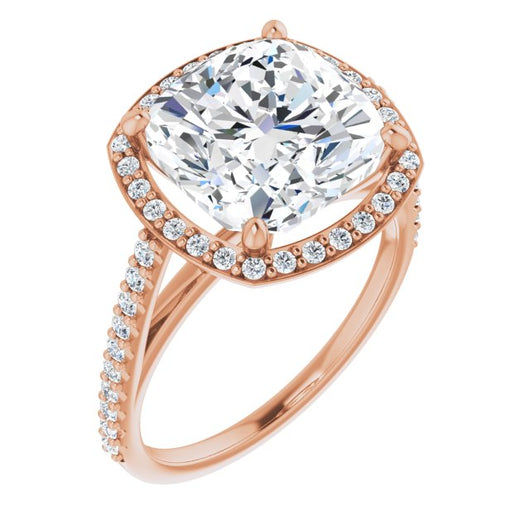 10K Rose Gold Customizable Cushion Cut Design with Halo and Thin Pavé Band