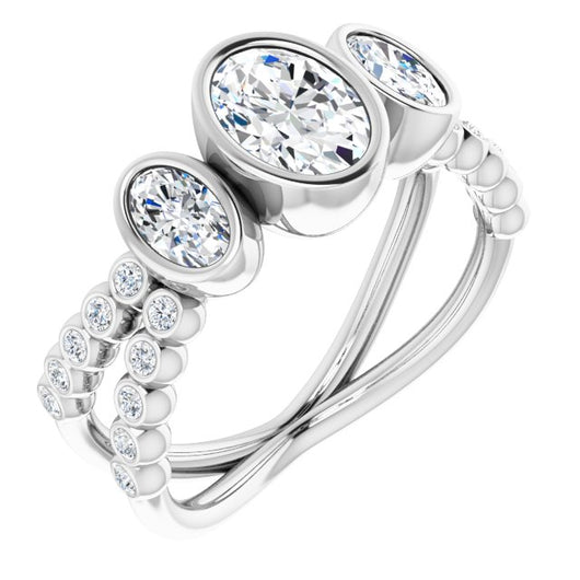 10K White Gold Customizable Bezel-set Oval Cut Design with Dual Bezel-Oval Accents and Round-Bezel Accented Split Band