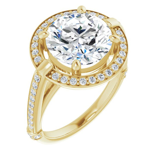 10K Yellow Gold Customizable High-Cathedral Round Cut Design with Halo and Shared Prong Band