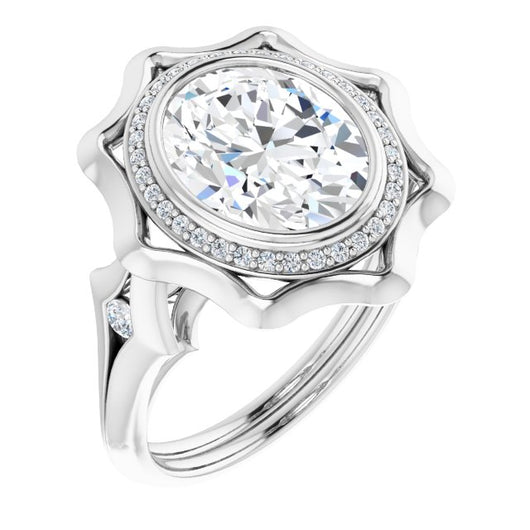 10K White Gold Customizable Bezel-set Oval Cut with Halo & Oversized Floral Design