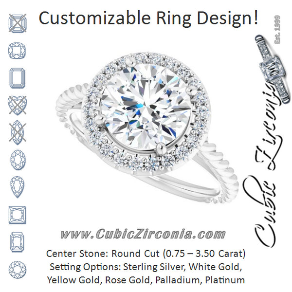 Cubic Zirconia Engagement Ring- The Shiori (Customizable Cathedral-set Round Cut Design with Halo and Twisty Rope Band)