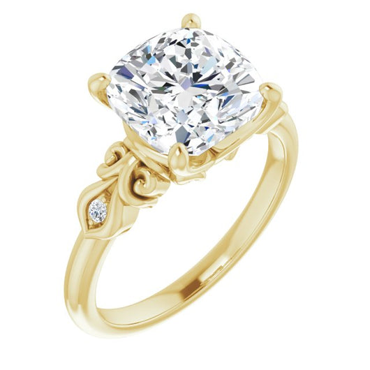 10K Yellow Gold Customizable 3-stone Cushion Cut Design with Small Round Accents and Filigree