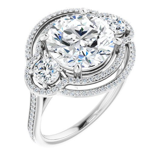 10K White Gold Customizable Enhanced 3-stone Double-Halo Style with Round Cut Center and Thin Band